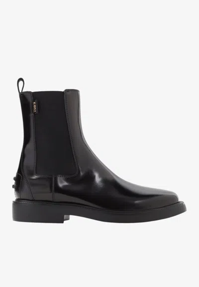 Tod's Polished Leather Ankle Boots In Black