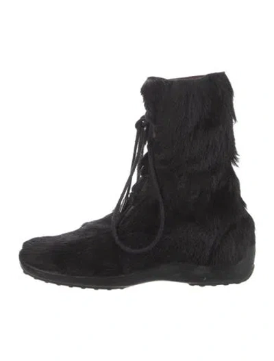 Pre-owned Tod's Ponyhair Faux Fur Trim Lace-up Boots In Black