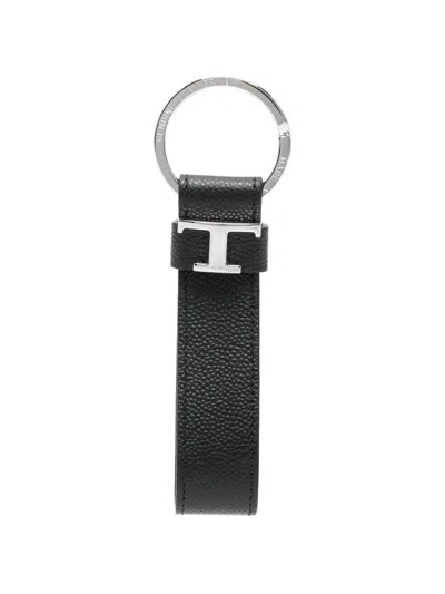 Tod's Leather Keychain With T Timeless Logo In Metal In Black