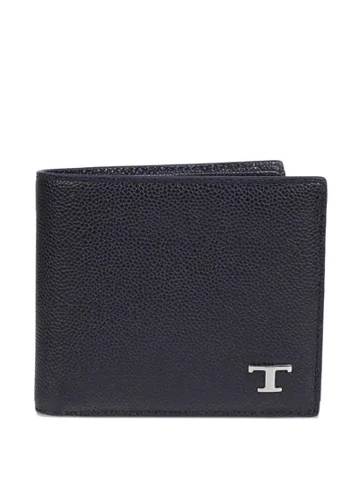 Tod's Silver Logo T Timeless Leather Bi-fold Wallet In Blue