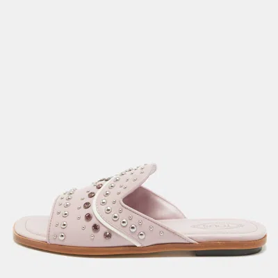 Pre-owned Tod's Purple Leather Crystal Embellished Flat Slides Size 37.5