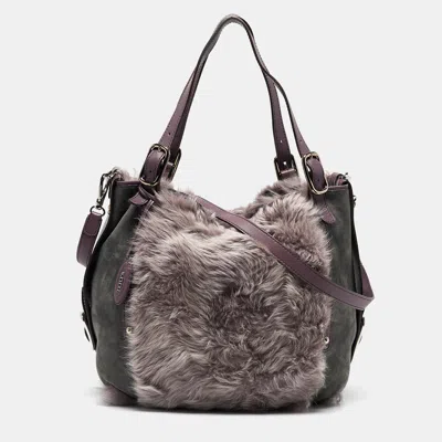 Pre-owned Tod's Purple/grey Fur Suede And Leather Buckle Hobo