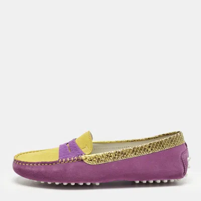 Pre-owned Tod's Purple/yellow Suede And Snakeskin Leather Loafers Size 36.5