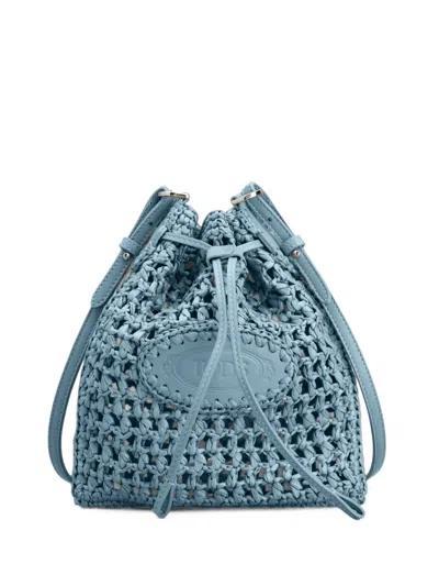 Tod's Raffia & Leather Bucket Bag Mini In Blue