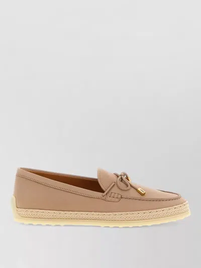 Tod's Raffia Bow Loafers Espadrille Trim Rubber Sole In Neutral