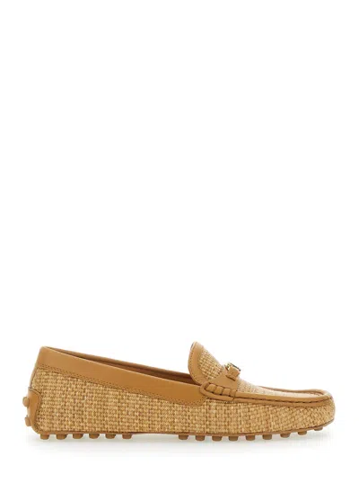 Tod's Raffia Loafers Beige With Rounded Toe In Cotton Women In Multi