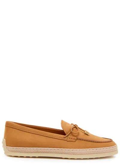 Tod's Gomma Raffia-trimmed Bow-detailed Suede Loafers In Brown