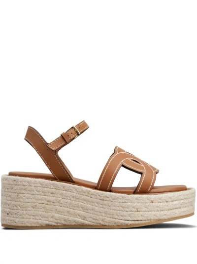 Tod's Rafia And Leather Wedge Sandals In Brown