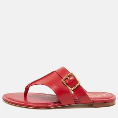 Pre-owned Tod's Red Leather Buckle Detail Thong Flats Size 38.5