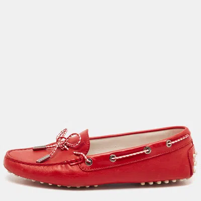 Pre-owned Tod's Red Leather Gommino Slip On Loafers Size 38.5