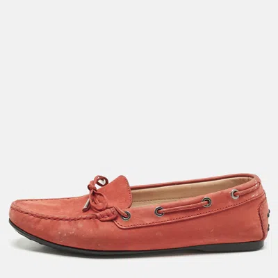Pre-owned Tod's Red Nubuck Leather Bow Slip On Loafers Size 39.5