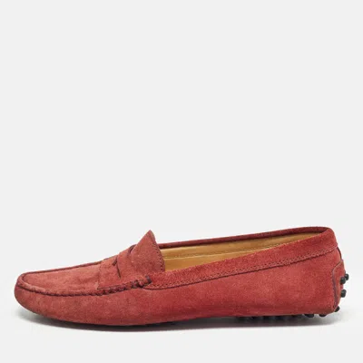 Pre-owned Tod's Red Suede Gommino Penny Slip On Loafers Size 36.5