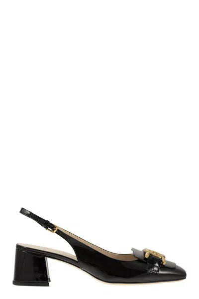 TOD'S REFINED BLACK PATENT LEATHER SLINGBACK PUMP FOR WOMEN WITH SQUARE TOE AND CUSTOM METAL CHAIN ACCESSO