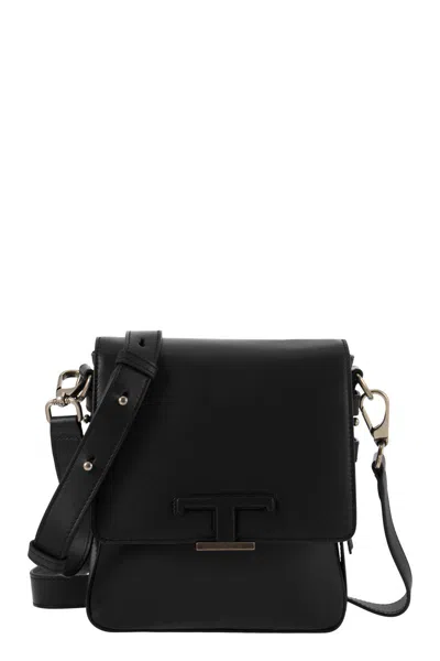 Tod's Refined Leather Mini Handbag With T Timeless Accessory And Removable Shoulder Strap In Black