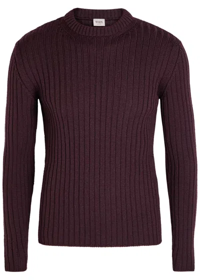 Tod's Round-neck Jumper In Merino Wool In Burgundy