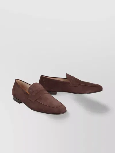 Tod's Round Toe Suede Loafers With Stitched Detailing In Brown