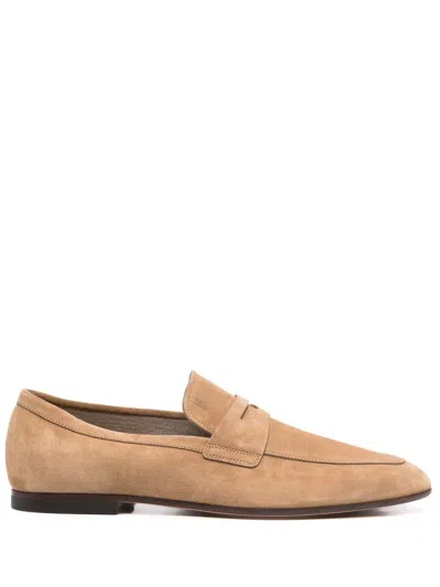 TOD'S SAND BEIGE 100% LEATHER ALMOND-TOE PENNY LOAFERS FOR MEN