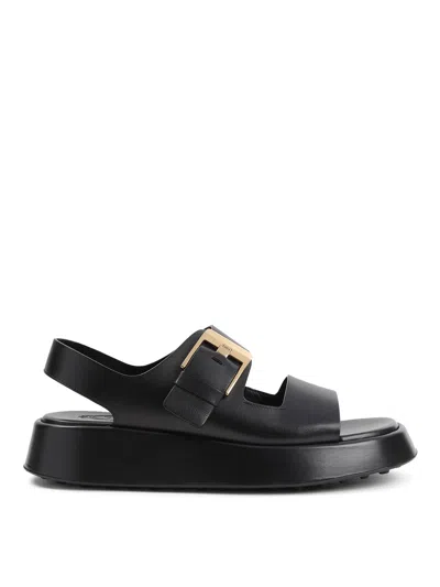 Tod's Leather Sandals With Double Strap And Maxi Buckle In Black