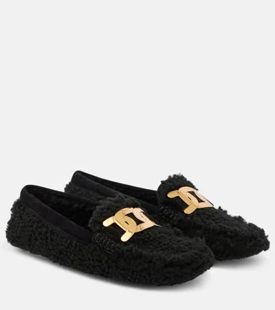 Tod's Gommini Catena Shearling Driving Shoes In Black