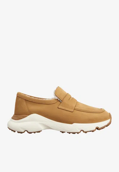 Tod's Shearling Sporty Loafers In Nubuck Leather In Brown