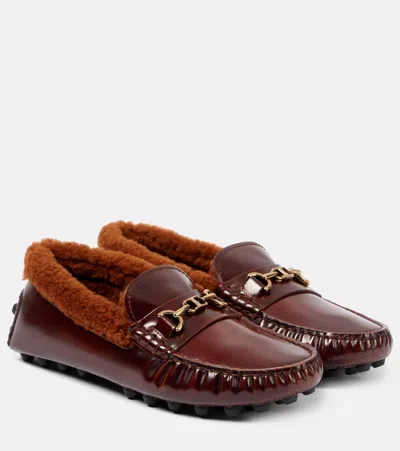 Tod's Shearling-trimmed Leather Loafers In Brown