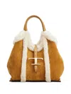 Tod's Shearling-trimmed Suede Bag In Brown