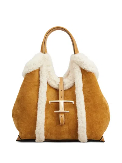 Tod's Shearling-trimmed Suede Bag In Brown