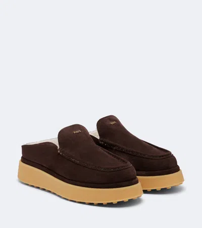 Tod's Shearling-lined Suede Platform Mules In Brown