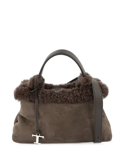 Tod's Shearling-trim Leather Tote Bag In Brown