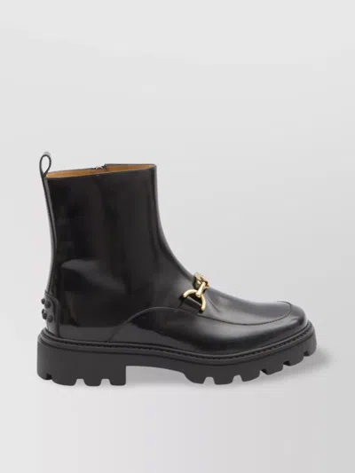 Tod's Shiny Calfskin Ankle Boots With Rubber Sole In Black