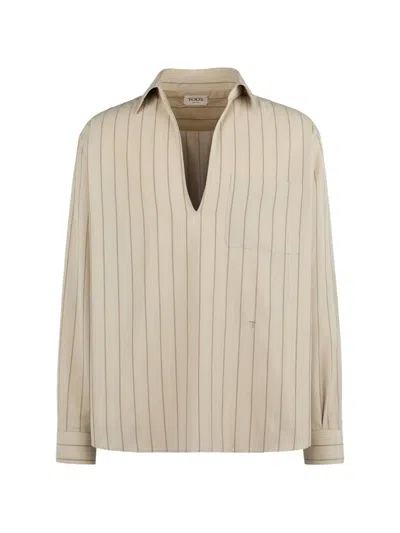 Tod's Shirt In Striped Silk In Neutral