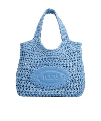 Tod's Shopping Bag In Raffia And Leather Mini In Blue
