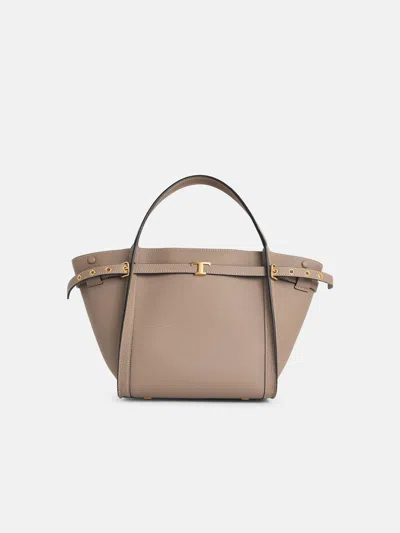 Tod's 'shopping Tim' Small Beige Leather Bag In Sand