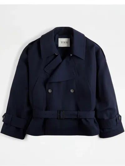 Tod's Wool Blend Short Trench Coat In Blue