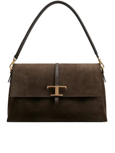 Tod's Borsa Flap T Timeless In Pelle Scamosciata Piccola In Marrone