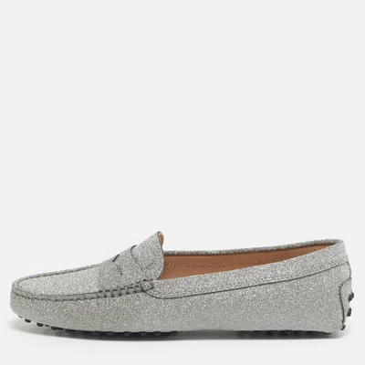 Pre-owned Tod's Silver Glitter Leather Gommini Driver Loafers Size 39