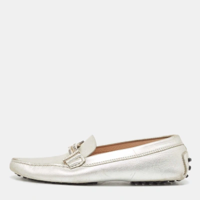 Pre-owned Tod's Silver Leather Crystal Embellished Double T Slip On Loafers Size 36