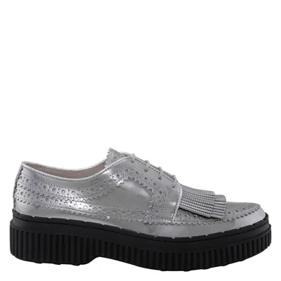 Tod's Tods Silver Leather Lace-up Brogue Shoes In Silver Tone