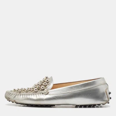 Pre-owned Tod's Silver Leather Studded Gommini Loafers Size 39.5