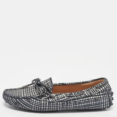 Pre-owned Tod's Silver/black Textured Suede Bow Loafers Size 36