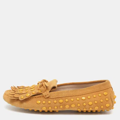 Pre-owned Tod's Size 35 Orange Suede Studded Fringes Loafers