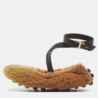 Pre-owned Tod's Size 36 Brown Leather And Wool Ankle Strap Scrunch Ballet Flats