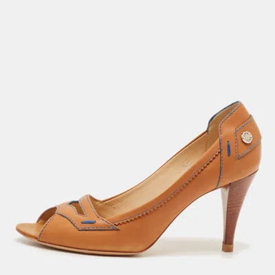 Pre-owned Tod's Size 36 Tan Leather Stitch Detail Open Toe Pumps In Brown