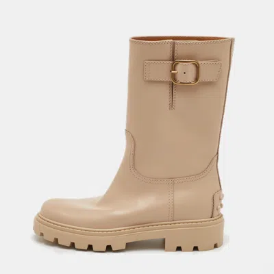 Pre-owned Tod's Size 36.5 Beige Smooth Leather Buckle Detail Mid Calf Boots In Sand