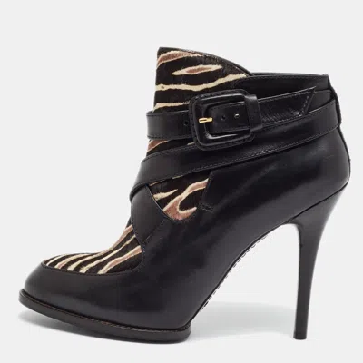 Pre-owned Tod's Size 37 Black/brown Leather And Calf Hair Booties