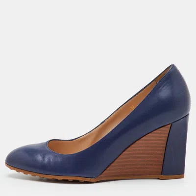 Pre-owned Tod's Size 37 Blue Leather Wedge Pumps