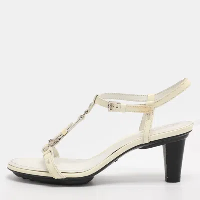 Pre-owned Tod's Size 37 Cream Patent Leather Ankle Strap Sandals In White