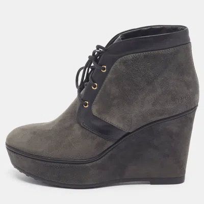 Pre-owned Tod's Size 37 Grey Leather And Suede Wedge Boots In Gray