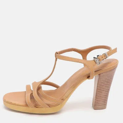 Pre-owned Tod's Size 37 Tan Leather T-strap Sandals In Brown