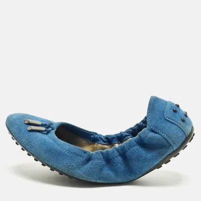 Pre-owned Tod's Size 37.5 Blue Suede Scrunch Ballet Flats